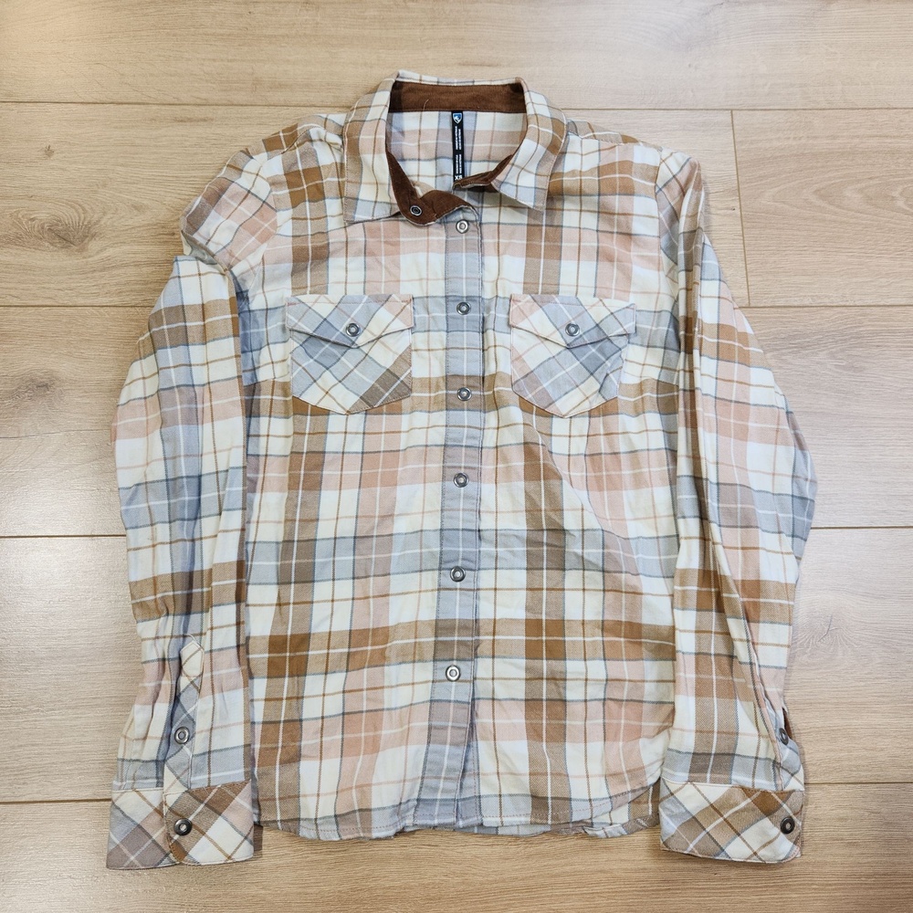Kuhl Tess Flannel Shirt Womens XS Brown Plaid Snap Long Sleeve Outdoor Stretch